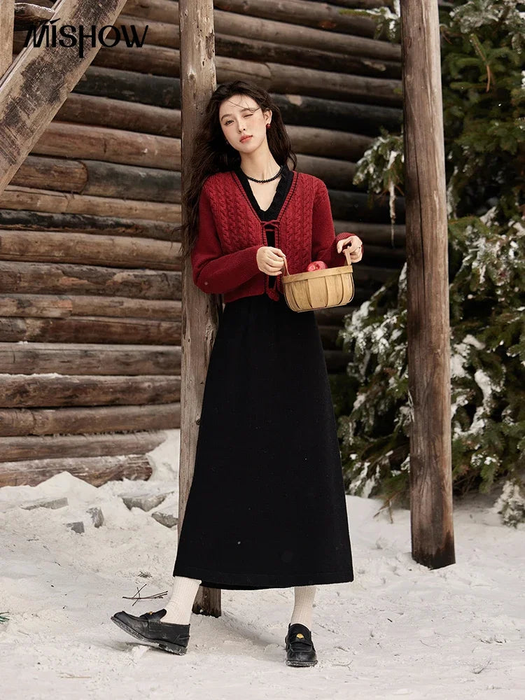 MISHOW Red Knitted Cardigan V-Neck Midi Dresses Separately A-LINE Temperament Grace Dress Flower Lace-up Warm Coat MXD58L2085
