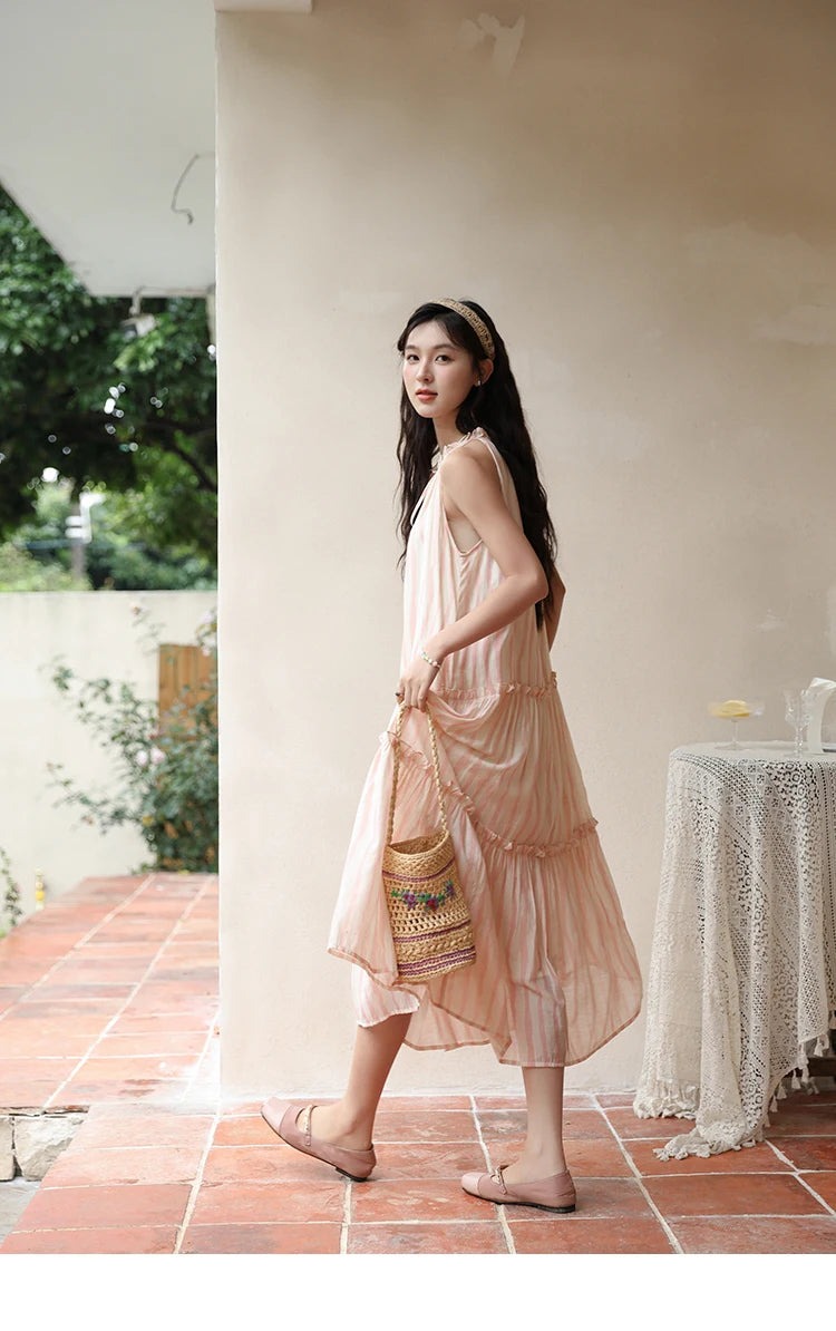 MISHOW Hanging Neck Striped Dress for Women 2024 Summer French Tea Break Camisole Dress Sweet Vacation Long Dresses MXD30L1951