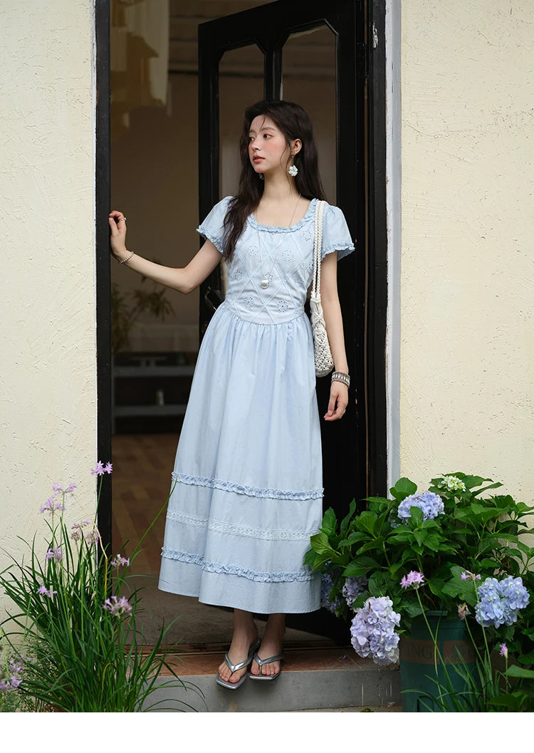 Mishow Blue Lace Mushroom Edge Puff Sleeve Dress MXE38L2348