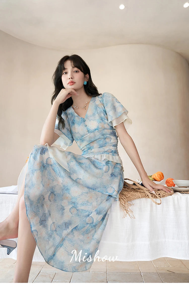 MISHOW [Van Gogh Collection] Fairycore Dresses 2025 Summer Double Layer Sleeves Asymmetrical V-Neck Printing Dress MXC39L1527