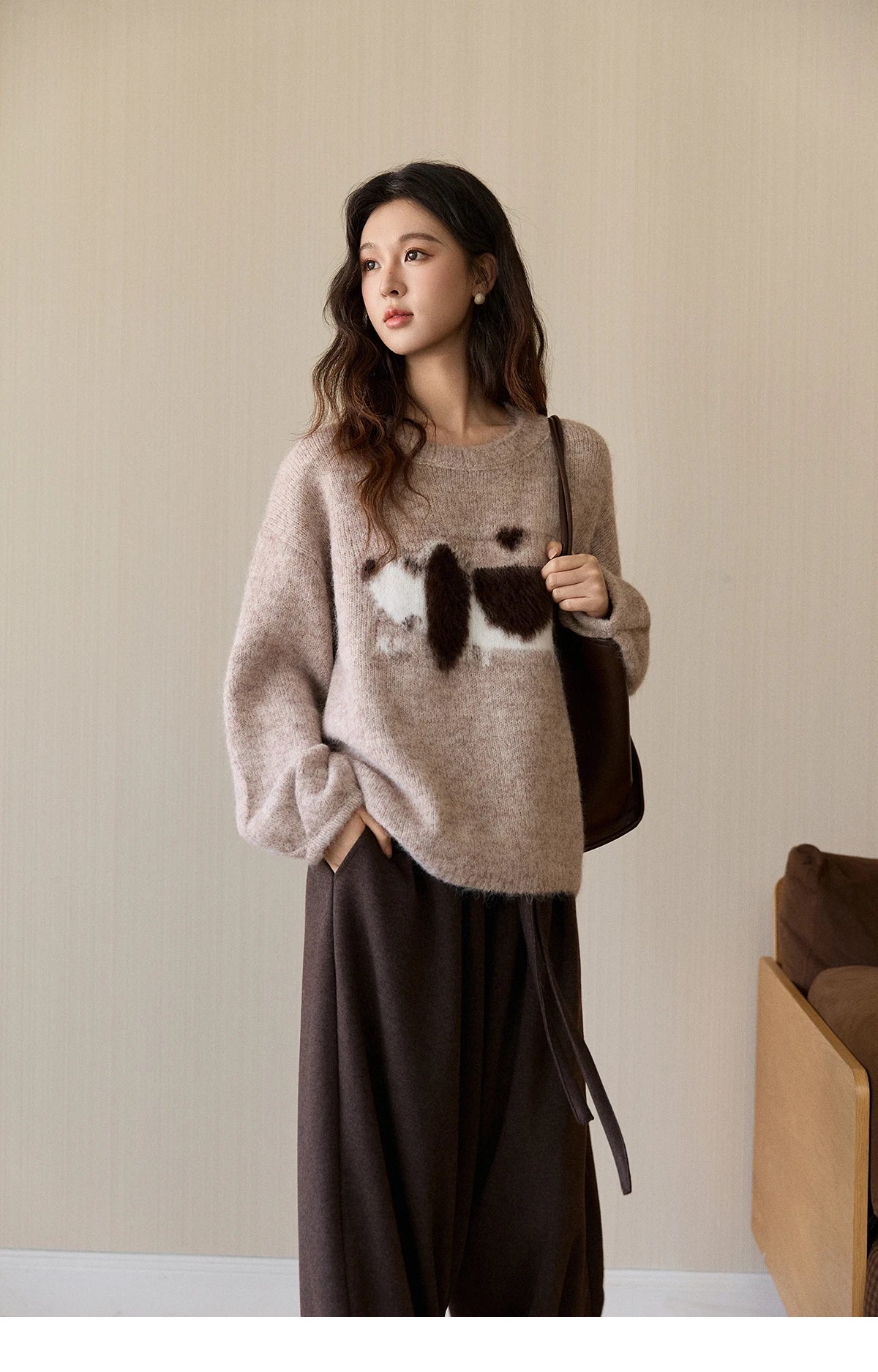 MISHOW Women's Solid Knitted Sweater 2025 Autumn Winter Dog Pattern Jacquard Crew Neck Fluffy Warm Loose Pullover Top MXE94Z2988