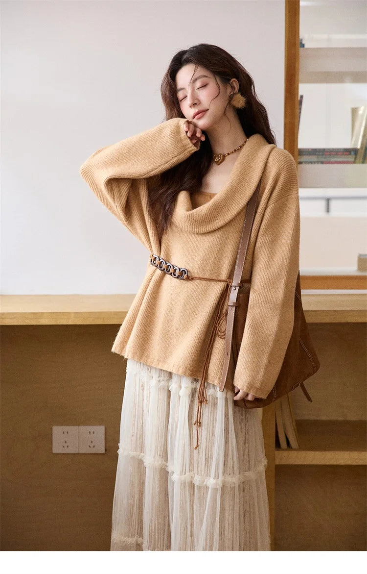 MISHOW Women's Orange Sweater 2025 Winter French Style Luxury Loose Long-sleeved Sweater Vest Belt Three-piece Set  MXE86T1437