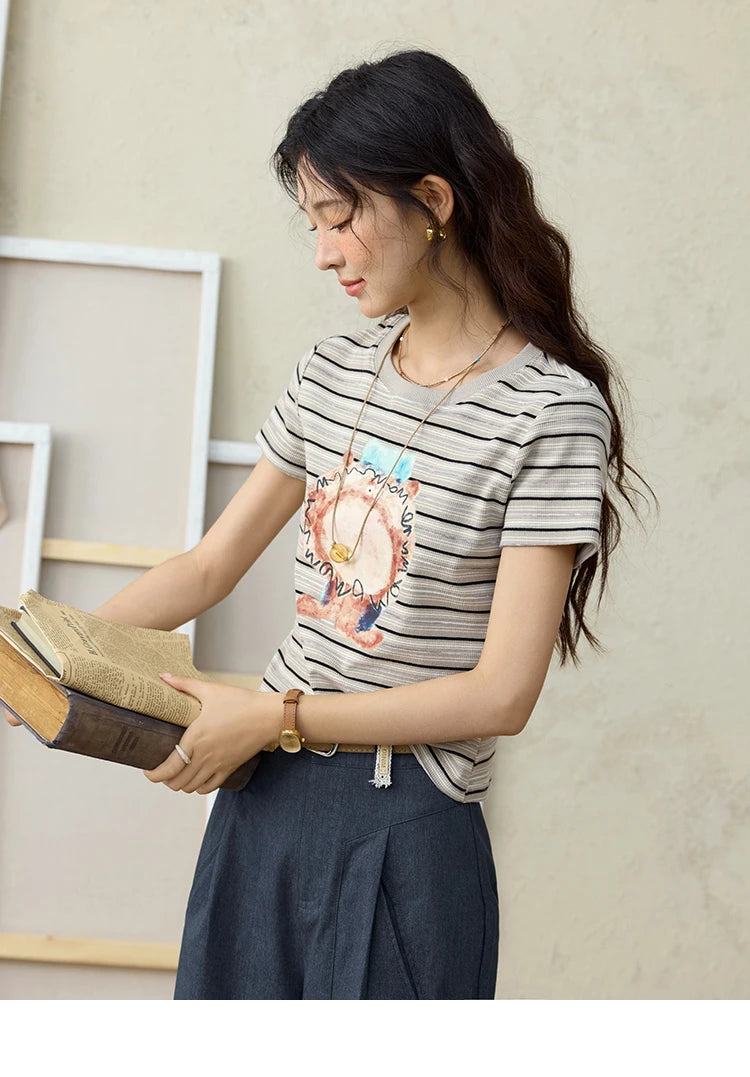 MISHOW Striped Cartoon Pufferfish Printed T-shirt for Women Summer 2025 Slim Shoulders Cotton Tees Short Sleeved Top MXE32T0538