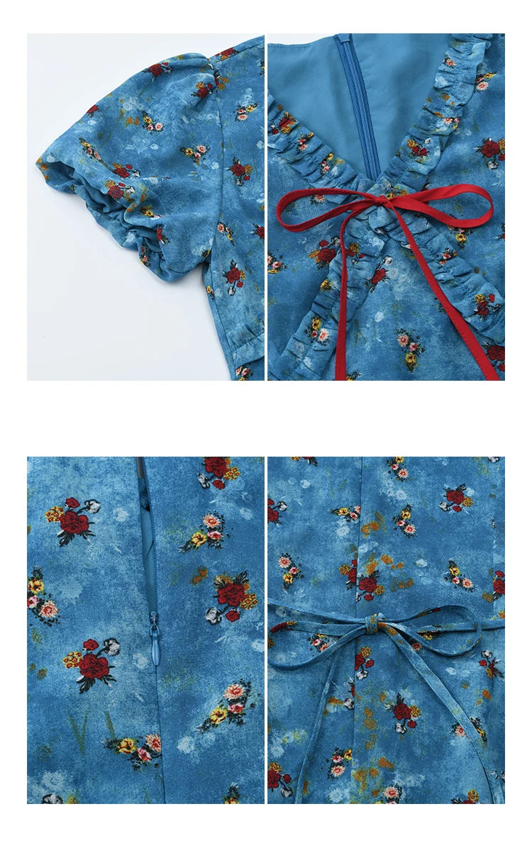 MISHOW Women's V-neck Lace Up Dress 2025 Summer New Female Fashion Puff Sleeve Chiffon Print Dresses Ladies Clothing MXE39L2401