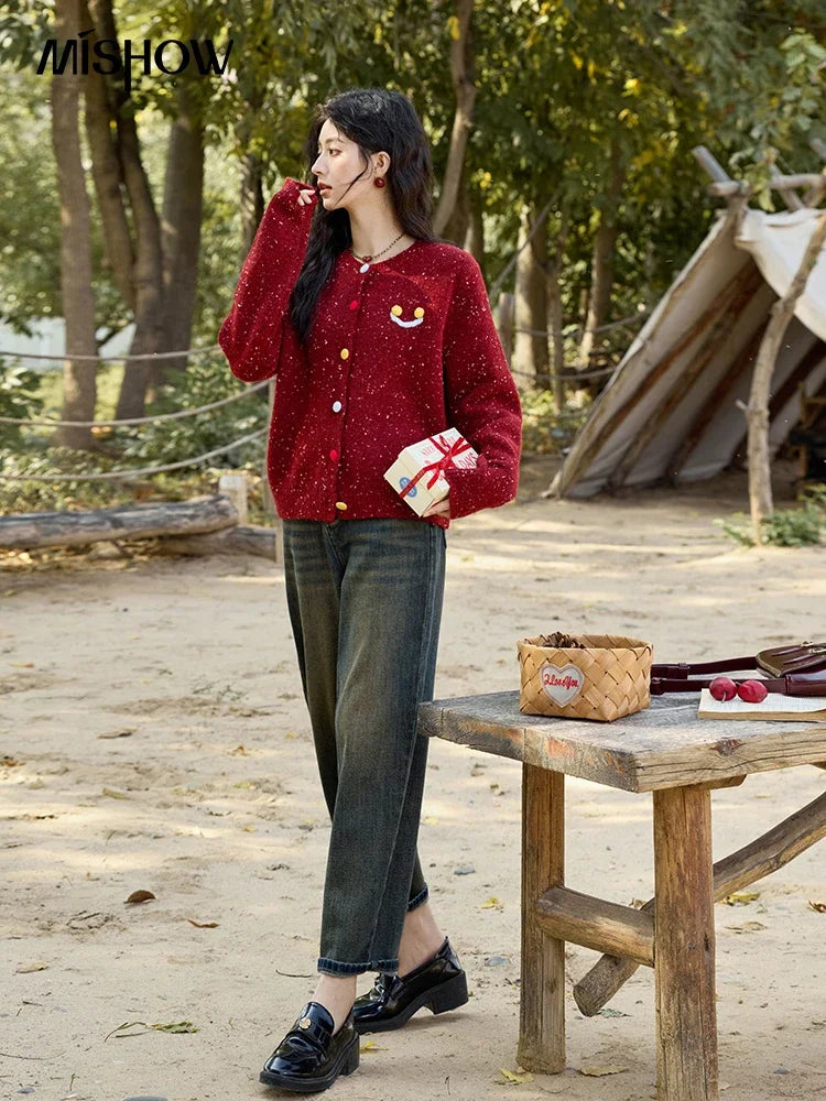Mishow Smile Embroidery Contrast Color Wool Cardigan MXD35Z0988