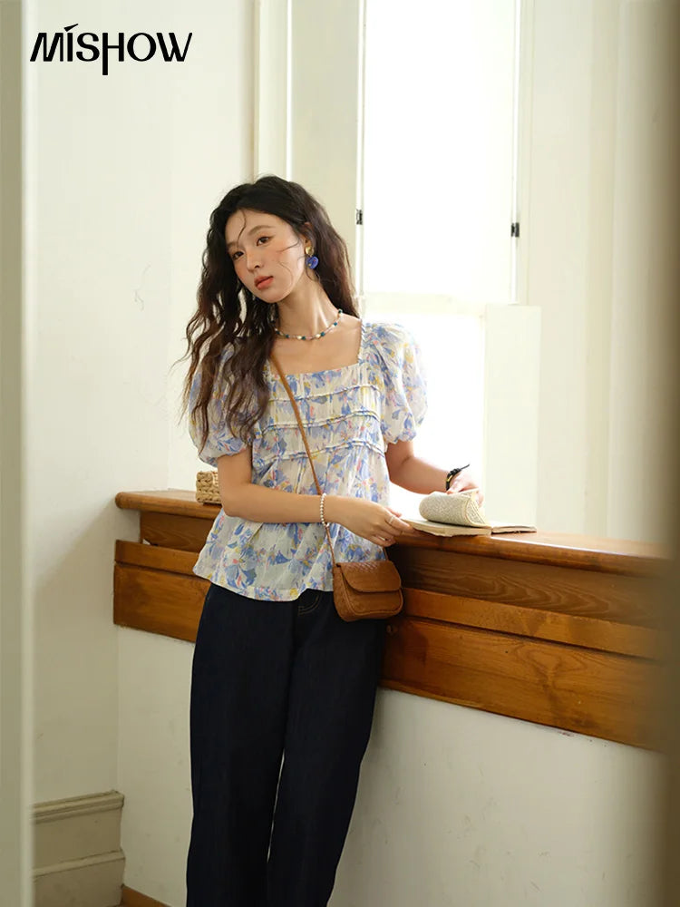 MISHOW Fashion Square Neck Puff Sleeve Blouse for Women 2025 Summer New French Sweet Loose Print Top Ladies Clothing MXE39X1937