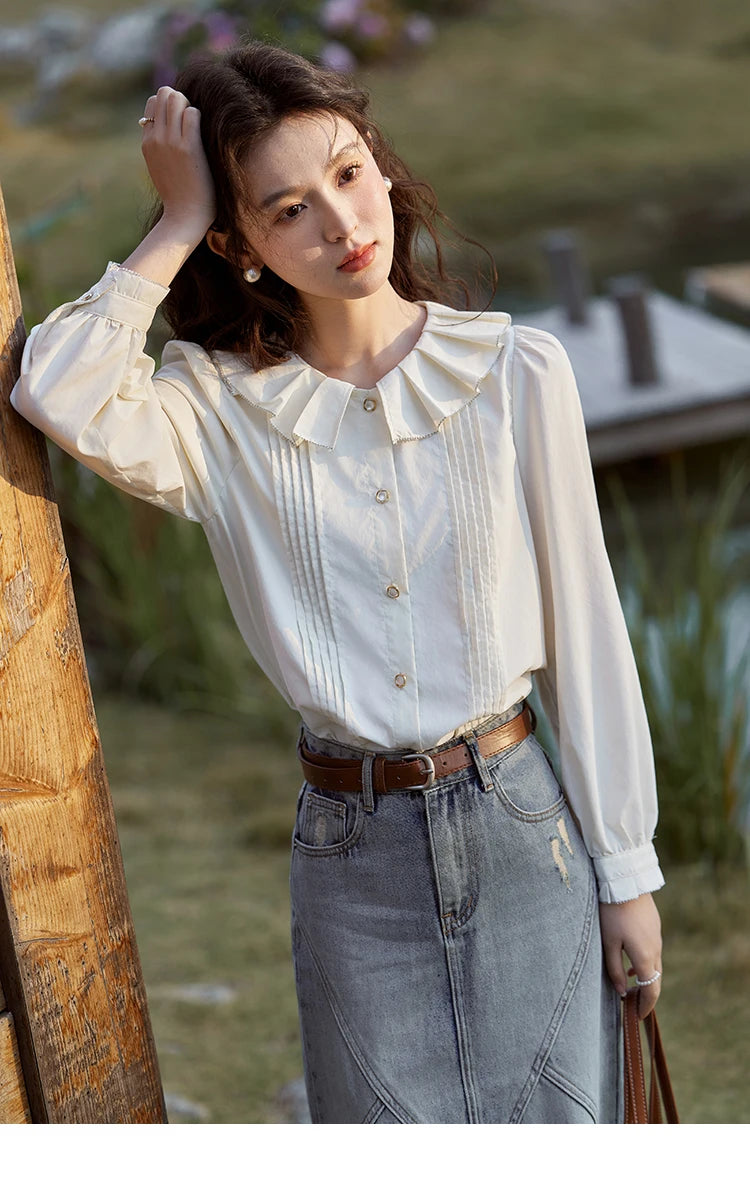 MISHOW French Tucker Pleats Doll Neck Shirt for Women 2025 Spring Straight Shirt Ruffled O Neck Shirts Office Lady MXE12C0401
