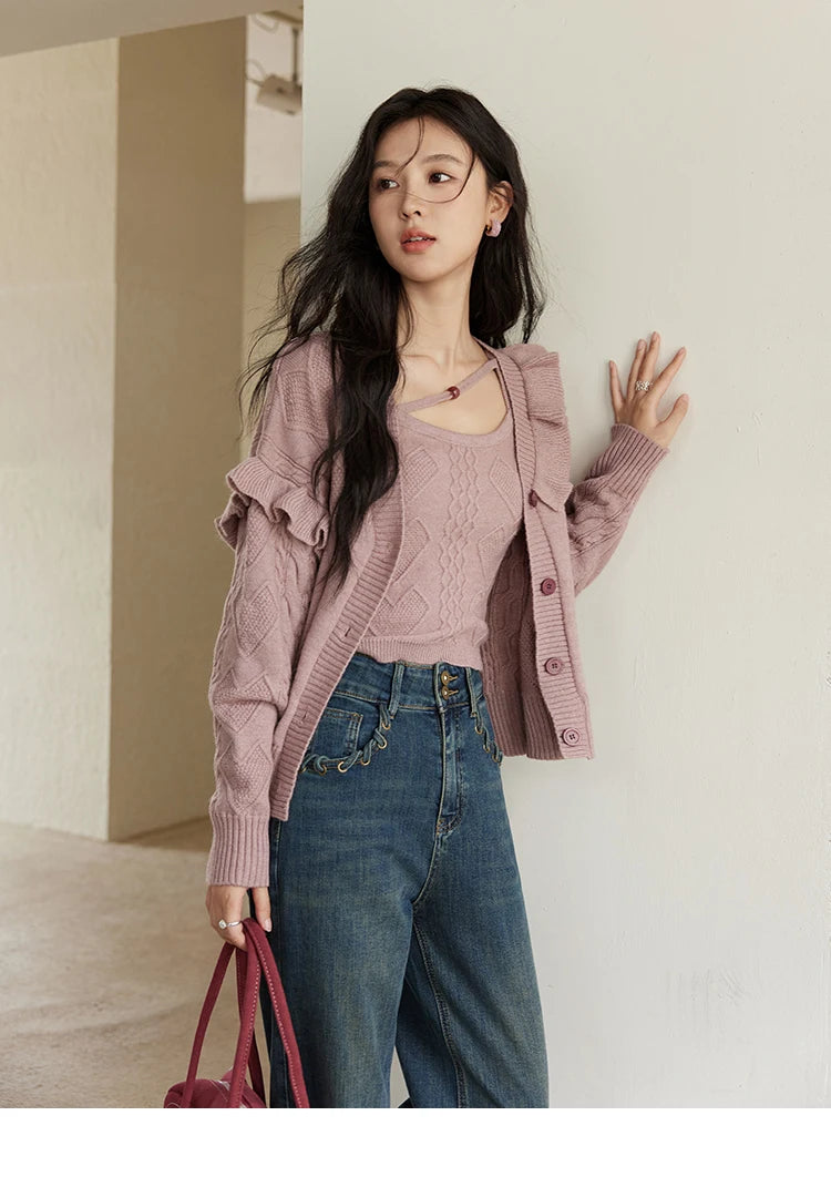 MISHOW Pink Knitwear Camisole Cardigan Separately 2024 Fall Fashion Sweet Knitted Vest Asymmetric Flounce Sweaters MXD45Z0781