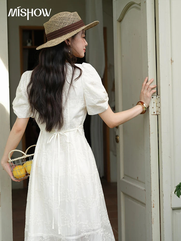 MISHOW V-neck Lace Embroidery Dress for Women 2025 Summer Fashion Puff Sleeve Holiday White Dress Women's Clothing MXE39L2432