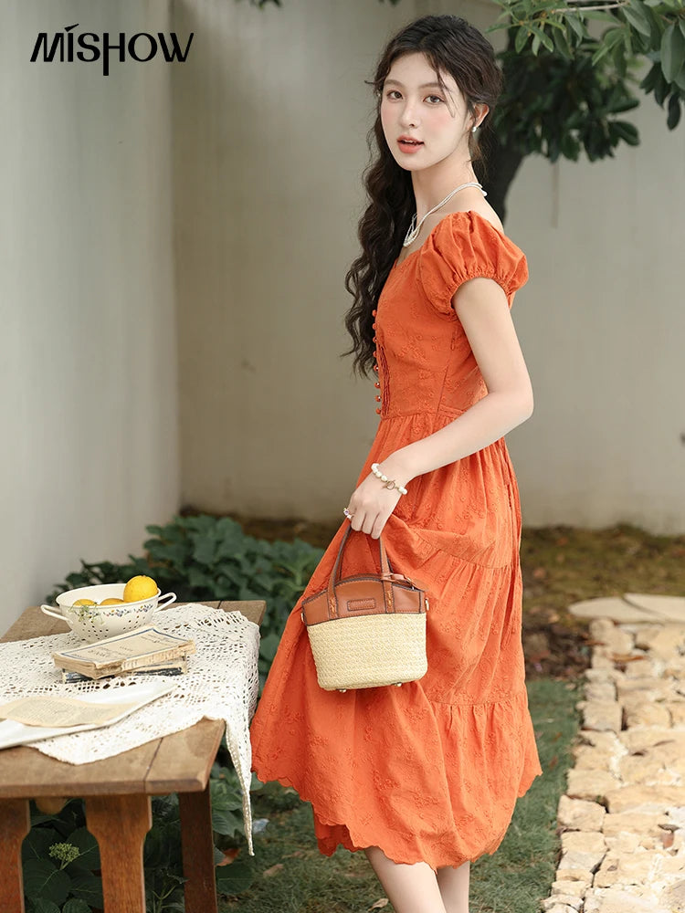 MISHOW 100 Cotton Orange Embroidered French Dress Women 2024 Summer V Neck Mid Length Dress Solid Loose A-line Dress MXD29L1931