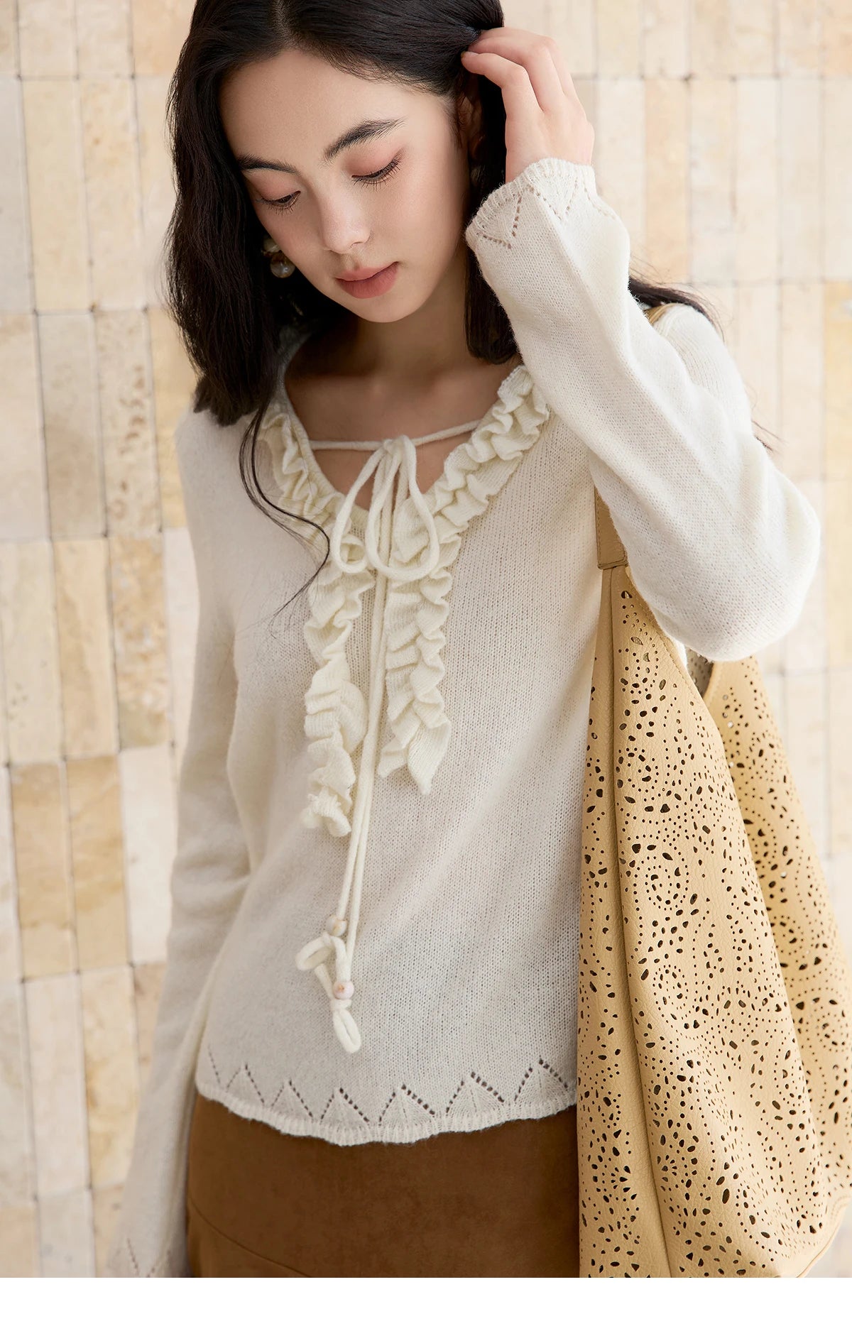 MISHOW Women Long Sleeve Tees 2025 Autumn New V-neck Wood Ear Hollow Out Knitted Sweater Women's  Beige Wool Top MXE51Z2595