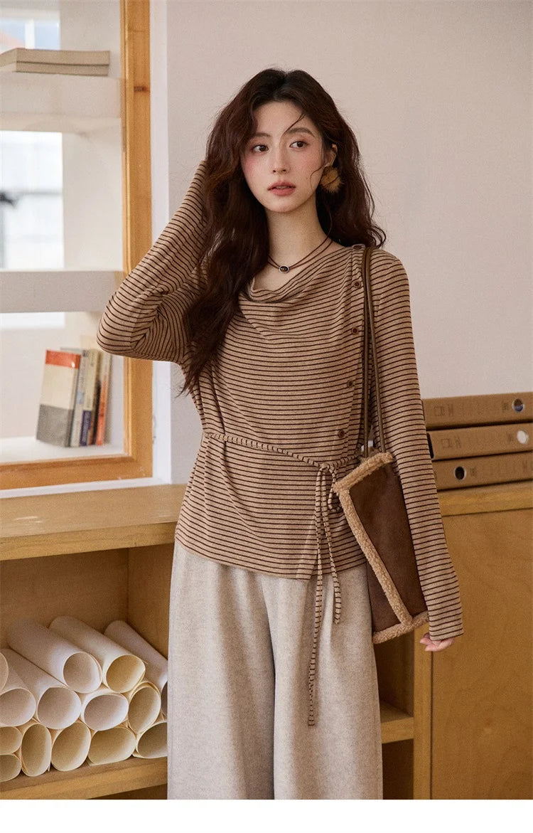 Mishow Retro Crew Neck Tie-Up Striped Top MXE87Z2700