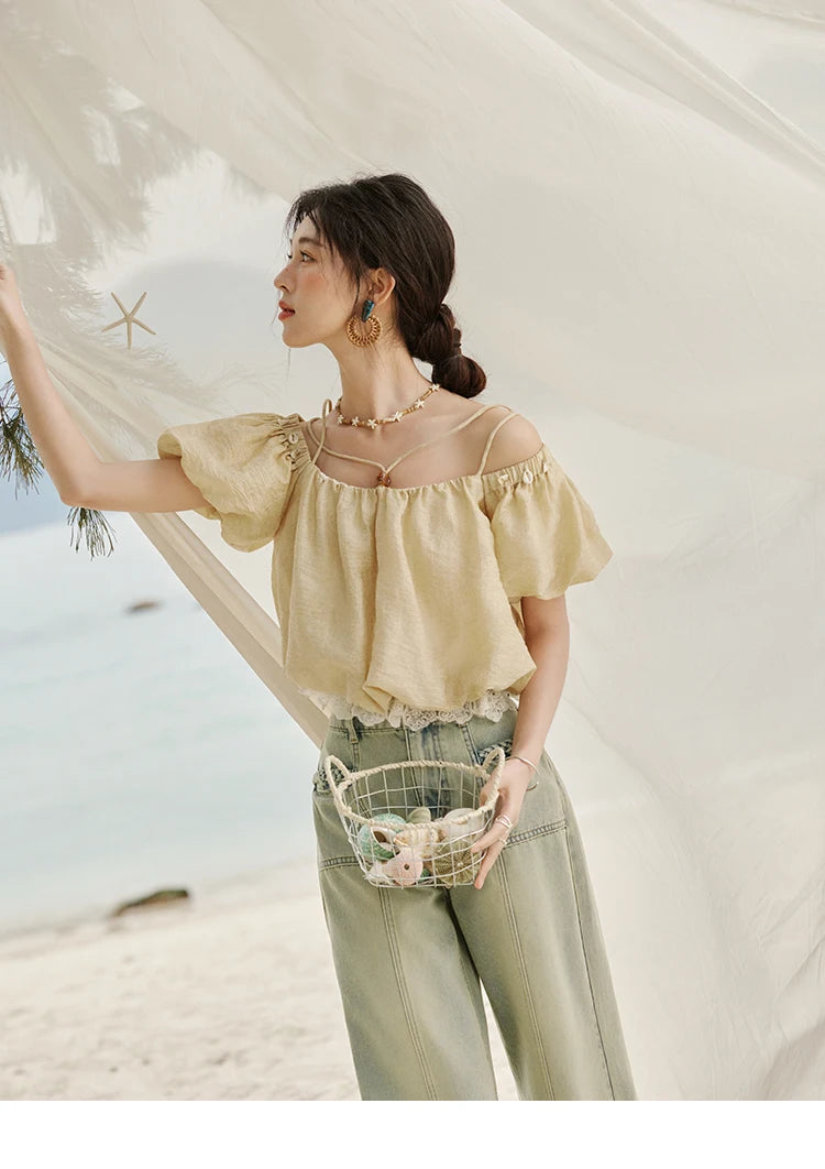 MISHOW French Summer Camisole Shirt Female 2025 New Solid Off-shoulder Short Sleeve Lace Tops Fashion Gentle Blouses MXE33X1755