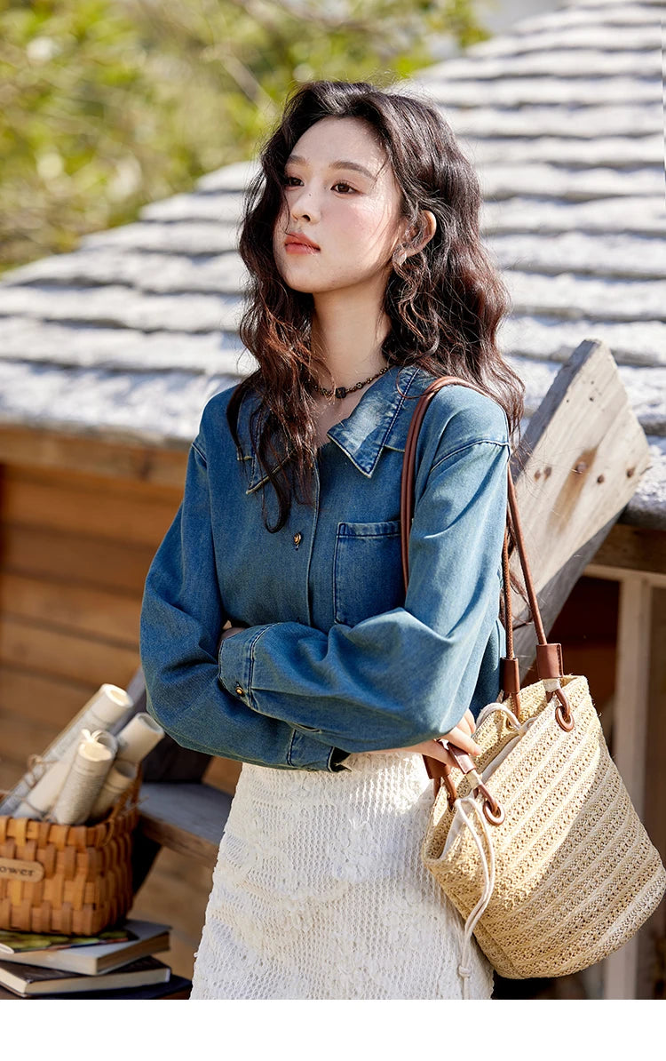 MISHOW Retro Washed Denim Shirt Spring 2025 Double Layered Patchwork Collar Shirt Metal Buckle Single Breasted Tops MXE12C0751