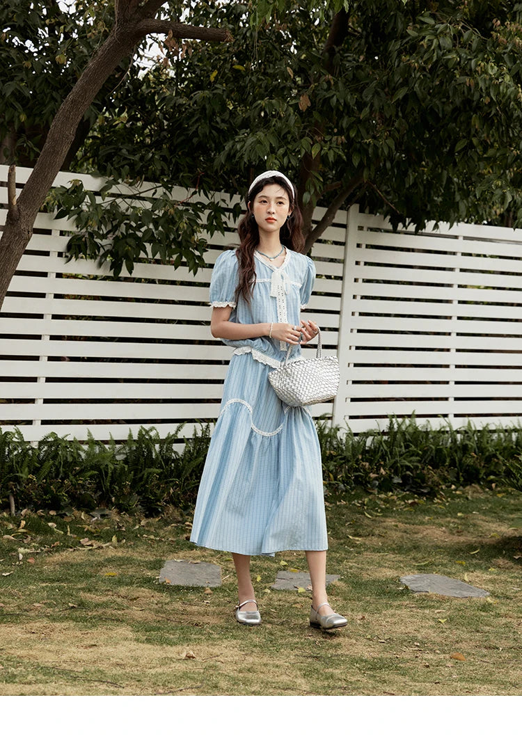 MISHOW Elegant Summer Skirts Sets Women 2025 Short Sleeve V-neck Tops Blue Stripe Lace A-line Skirt Woman Slimming MXE31T0531