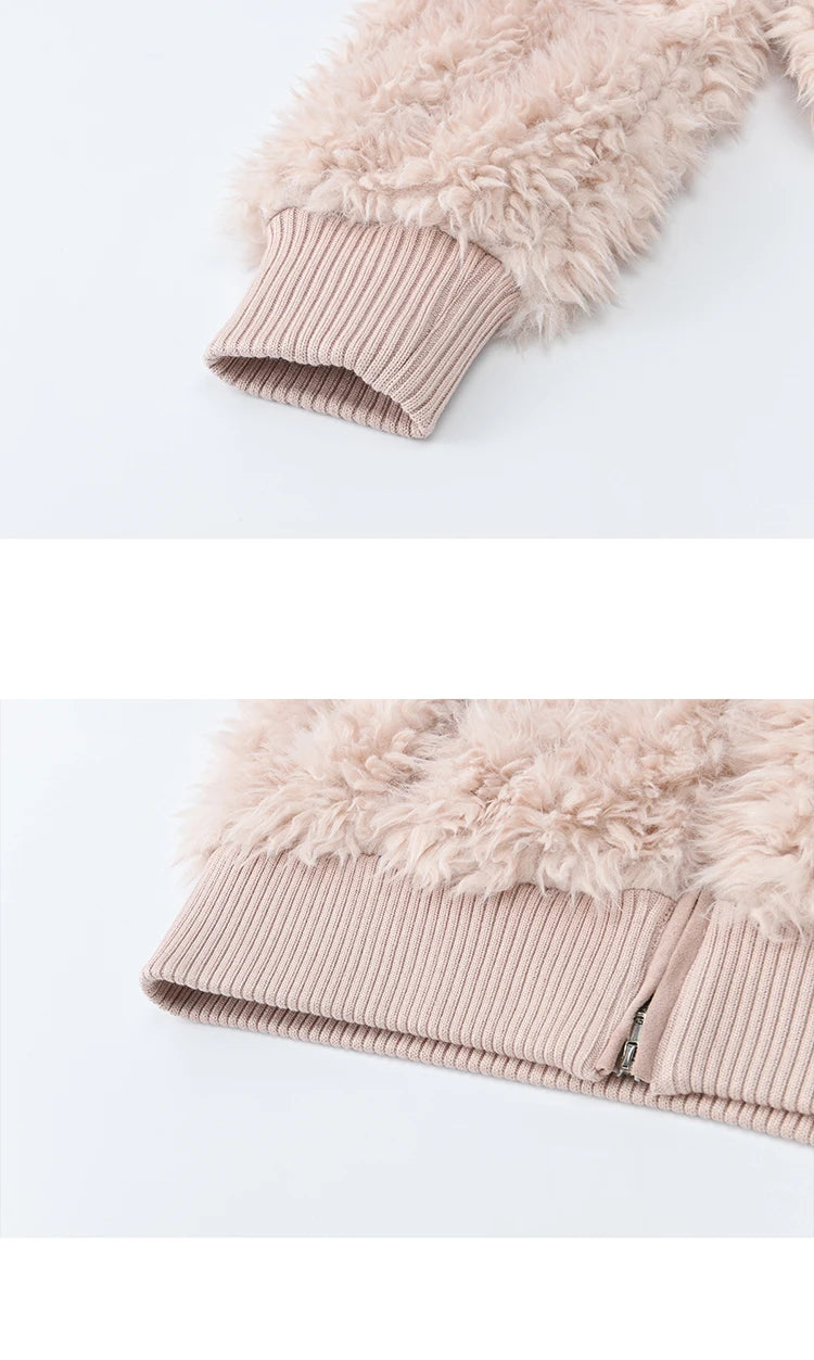 MISHOW Women's Pink Stand Collar Faux Lamb Wool Coat Winter Flower Brooch Warm Outerwear with Pockets Metal Zipper MXE91W0974