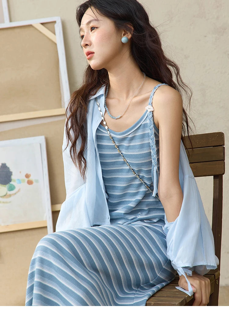 MISHOW Women's Blue Striped Camisole Dress Lyocell Shirt Separately Summer 2025 Lapel Solid Shirt O-neck Strap Dress MXE34L2285