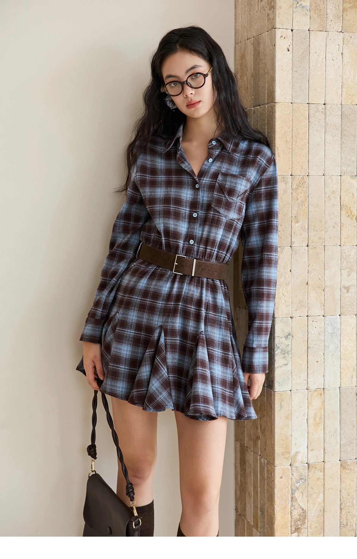 MISHOW Women's Blue Plaid Short Dress 2025 Autumn Retro Turn-down Collar Waist-Cinched Long Sleeve Dress with Belt MXE48L2525
