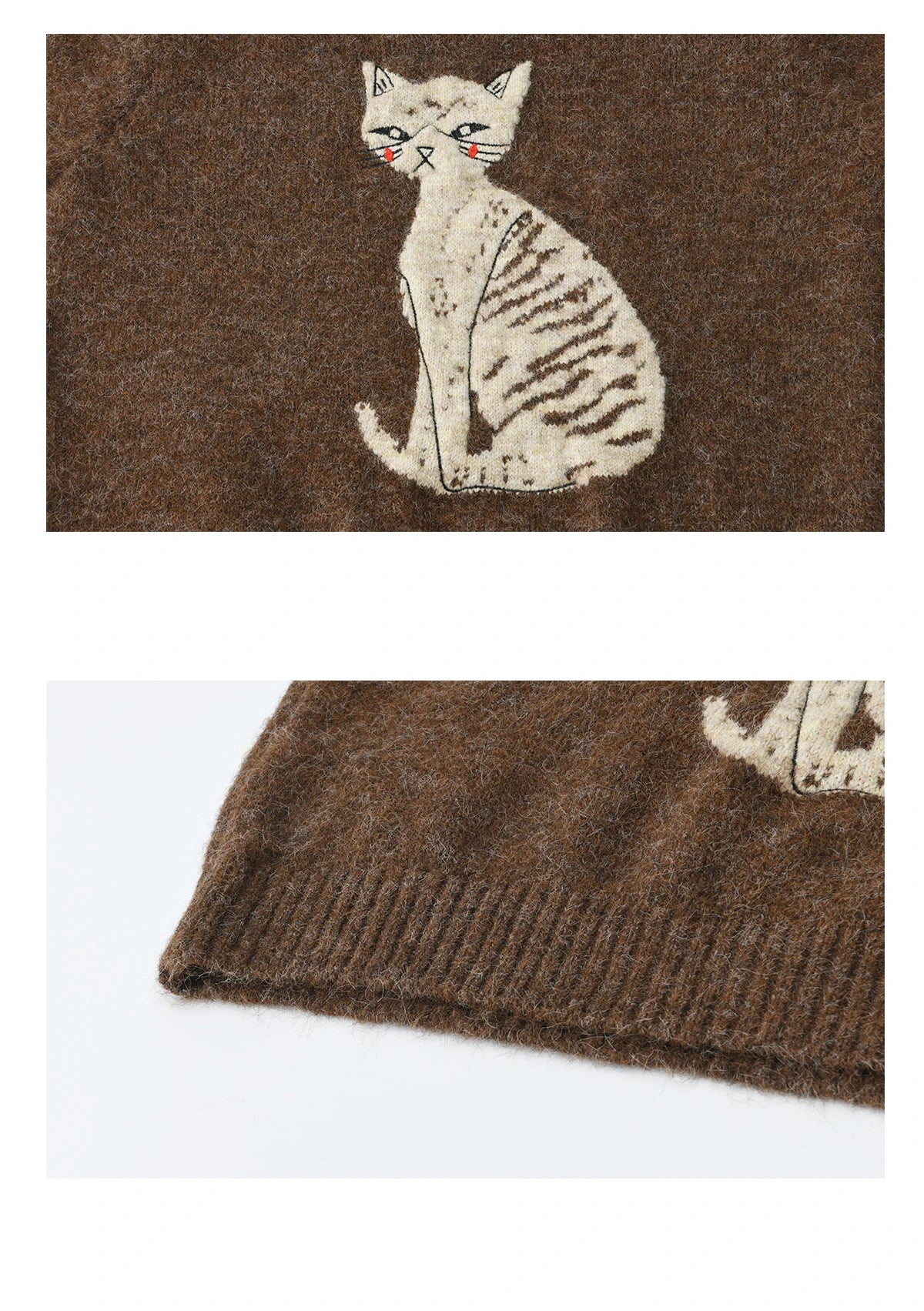 MISHOW Women's Brown Knitted Sweater 2025 Autumn Winter Cat Pattern Jacquard Crew Neck Sweaters Loose Pullover Tops MXE94Z2991