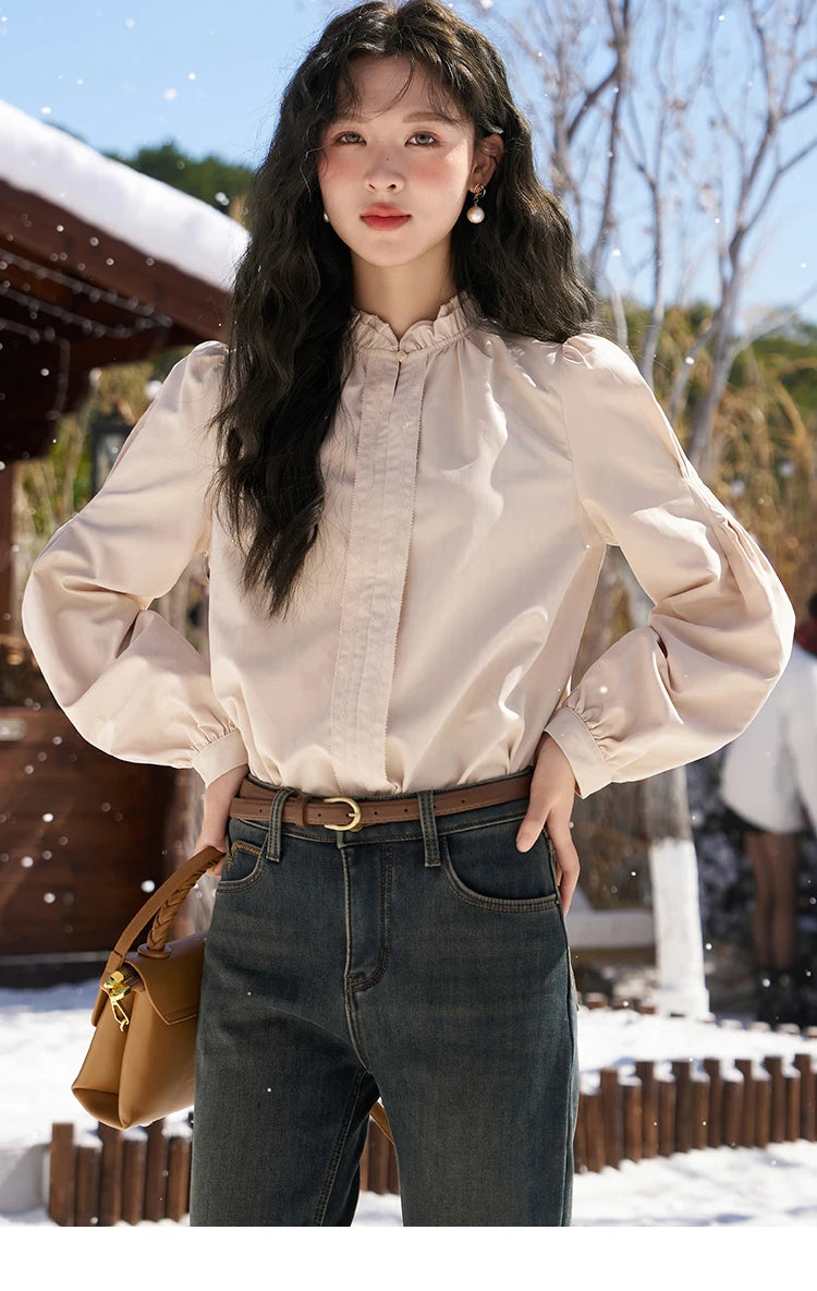 MISHOW French Autumn Winter Button Up Lantern Long Sleeve Shirts Women Ruffle Neck Thick Warm Blouse Flannel Shirt MXC56X1320