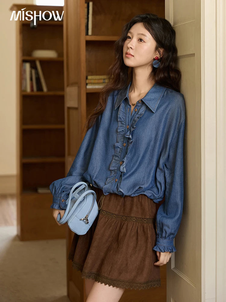 MISHOW Blue Lyocell Imitation Denim Shirt for Women Autumn 2025 Ruffled Placket Contrasting Button Waist Cinc Shirt MXE43C2386