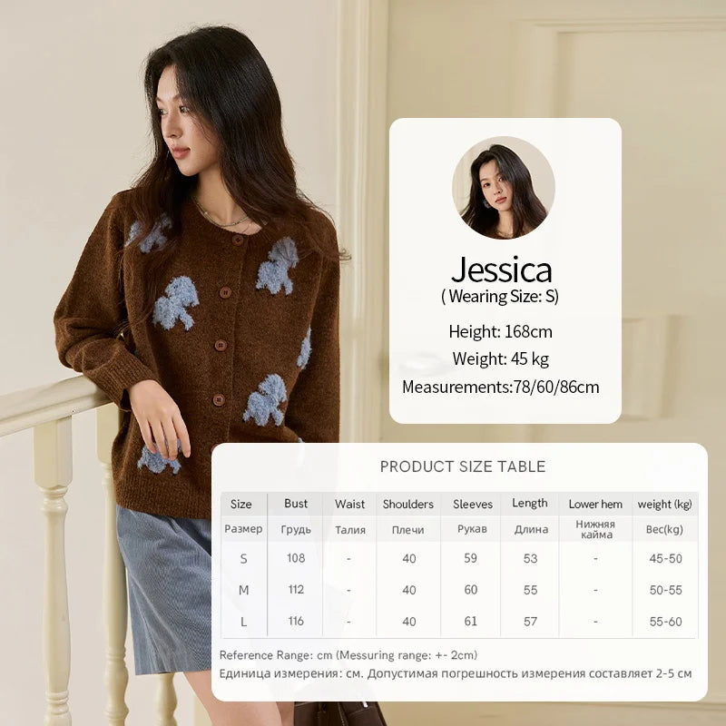 MISHOW Lamb Jacquard Knit Cardigan Women 2025 Autumn New Lambskin Round Neck Single-breasted Commuting Loose Sweater MXE48Z2571