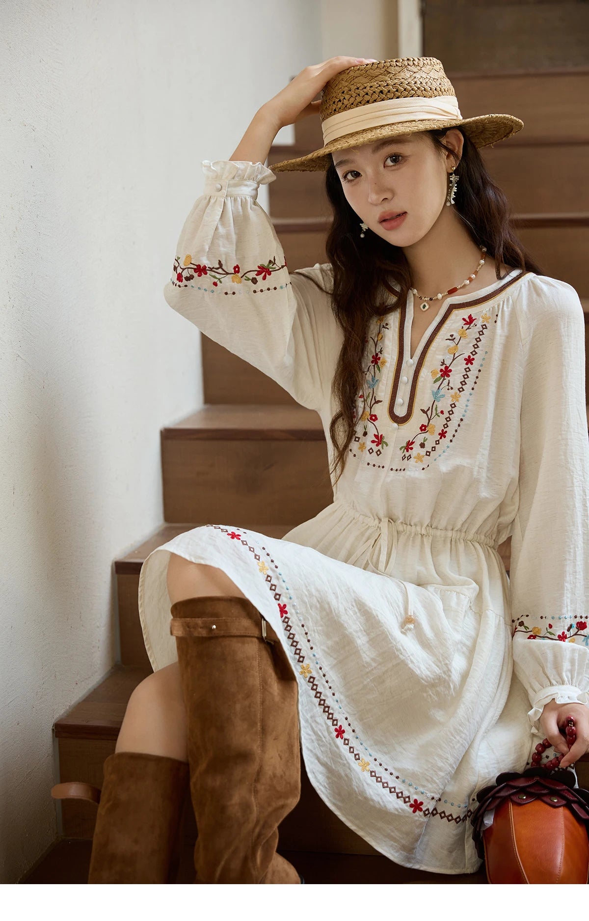 MISHOW Woman Long Sleeve Dress Autumn Elegant V-neck Embroidered Drawstring Waist Dress A-line Bohemian Midi Dresses MXE44L2489