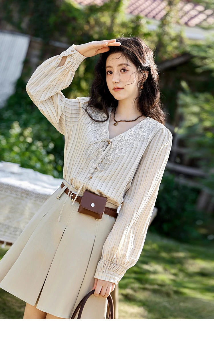 MISHOW French Retro V-neck Lace-up Striped Shirt for Women Spring 2025 Embroidered Lace Long Sleeve Top Casual Shirts MXE12X1715