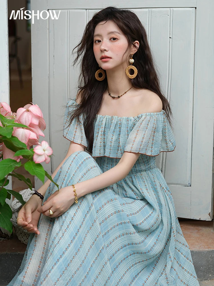 MISHOW Women's Fashion Slash Neck Chiffon Dress 2025 Ladies Elegant Vacation Striped French Dresses Female Clothing MXE39L2380