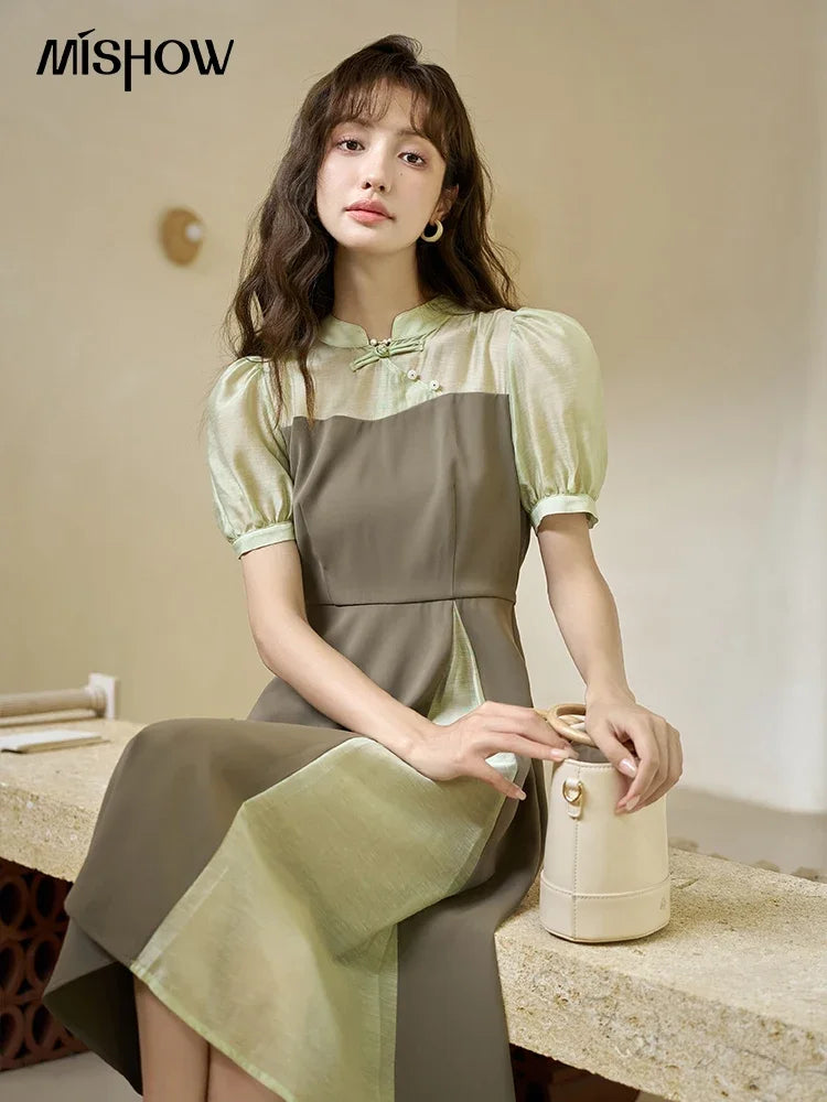 MISHOW Chinese Style Dress for Women 2023 Summer Waist Puff Sleeve Patchwork Fake Two Pieces French Slim Long DressES MXC35L1354