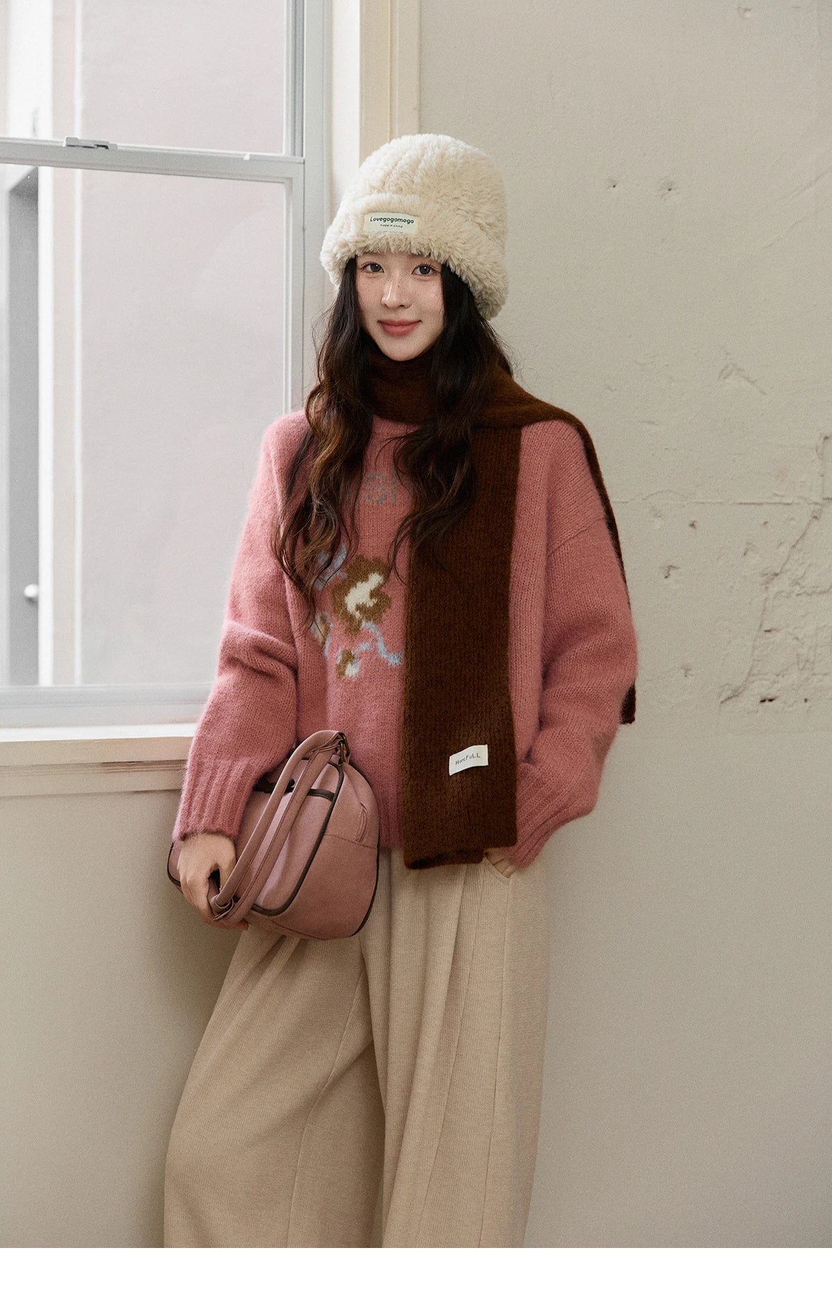 Mishow Pink Jacquard Crew Neck Pullover MXE91Z2831