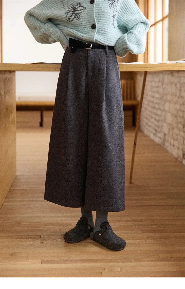 MISHOW Women's Pants 2025 Fashion Gray Wool Wide-leg Pants High-waisted Cropped Retro Style Commuting Pants Warm MXE90K1128