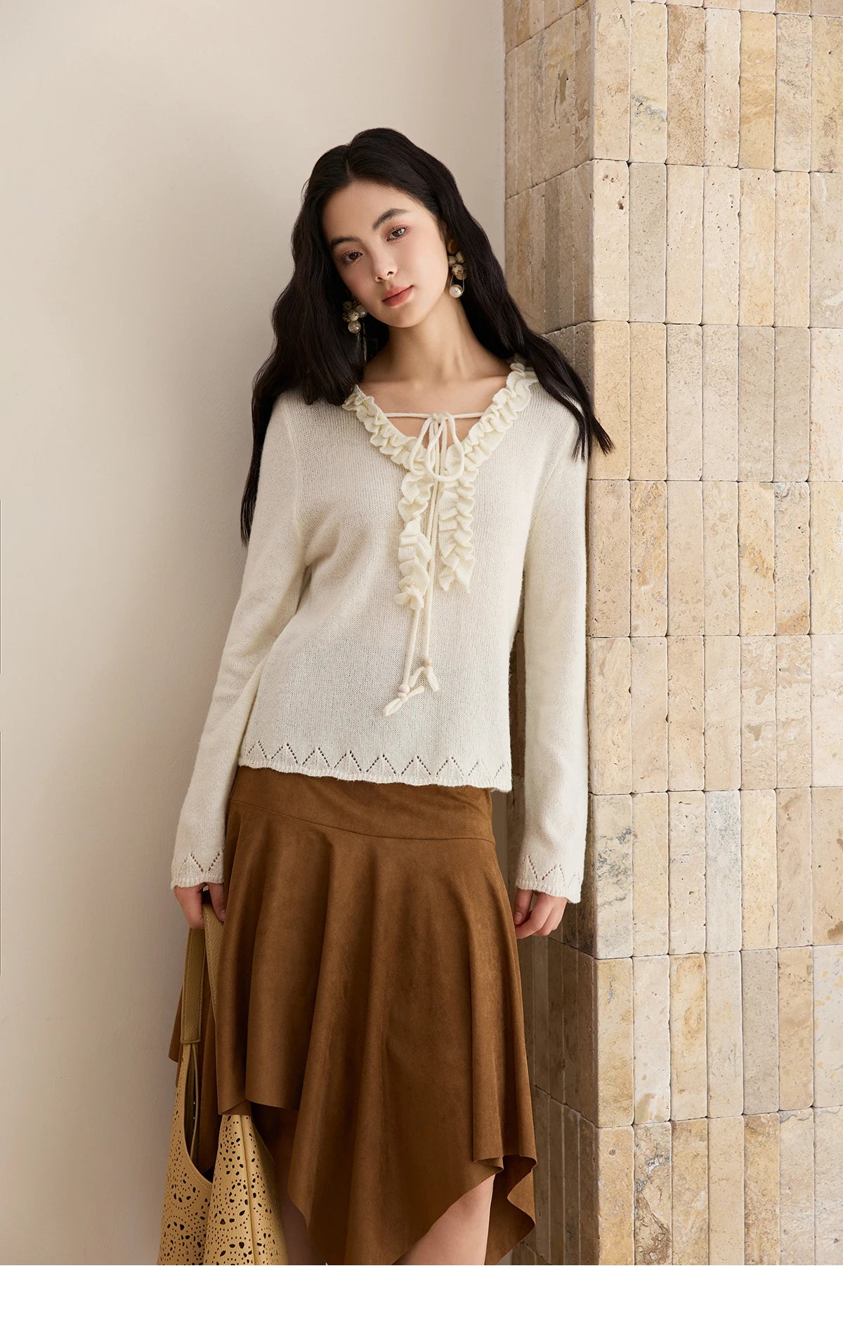 MISHOW Women Long Sleeve Tees 2025 Autumn New V-neck Wood Ear Hollow Out Knitted Sweater Women's  Beige Wool Top MXE51Z2595