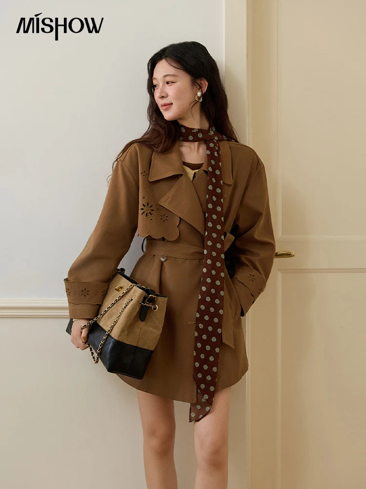 MISHOW Hollow Flower Trench Coat for Women Autumn 2025 Double Breasted Retro Trench with Slant Pocket Belt Coats MXE46W0838