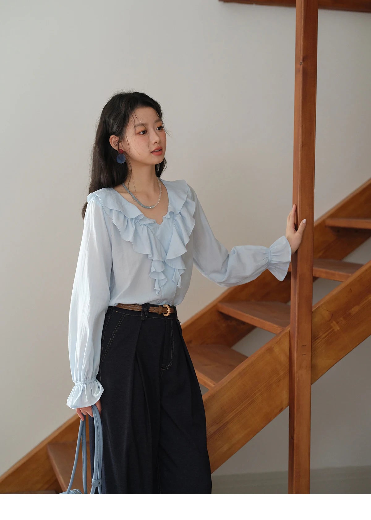 MISHOW Blue Lyocell Ruffled Shirt 2025 Autumn V-neck Flared Sleeves V-neck Shirts Commuting Elegant Versatile Tops MXE41X1969