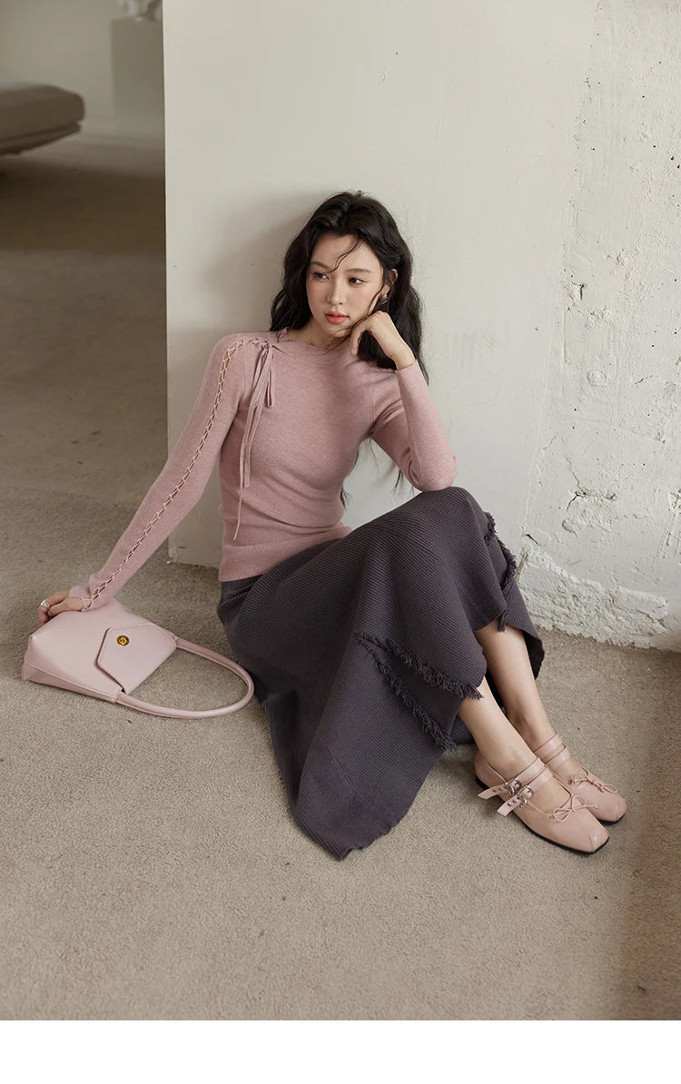 MISHOW Bottom Knit Sweater Women Fashion Hollow Tie Design Bottoming Shirt 2024 Fall New Warm Long-sleeved Slim Tops MXD45Z0766