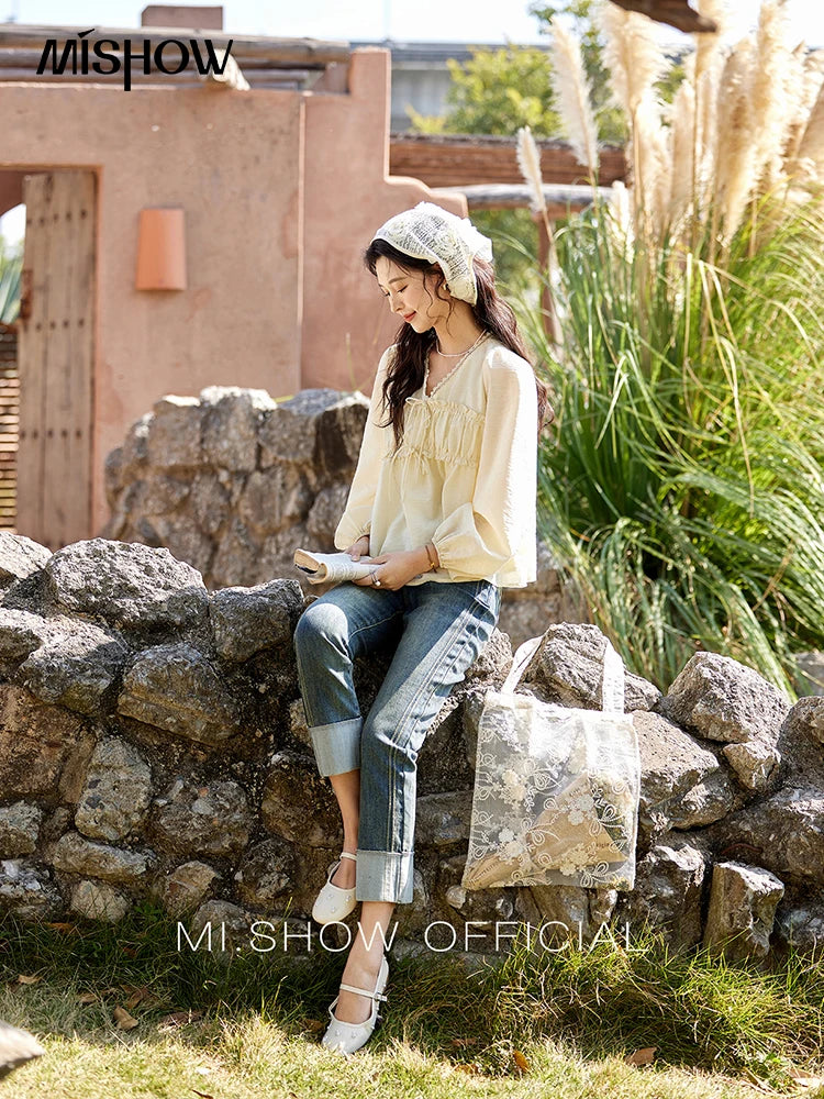 MISHOW Women's Jacquard Lace V-neck Blouses 2025 Spring Ruffled Wavy Design Blouse Slim Elegant Commuting Sweet Top MXE12C0397