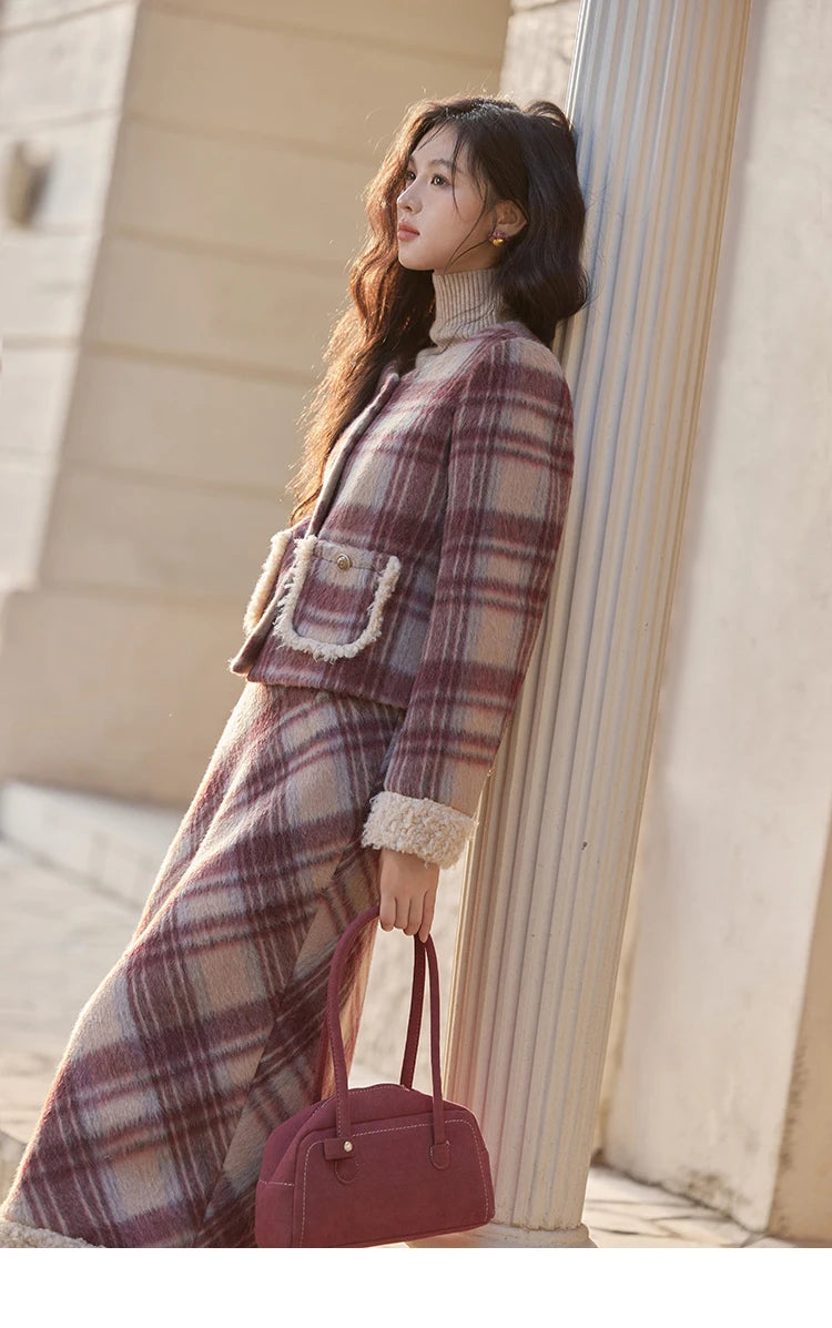 MISHOW Plaid Tweed Jacket Midi Skirt Separately Women 2024 Winter Korean Gentle Thick O-Neck Jacket Straight Skirt MXD54W0562