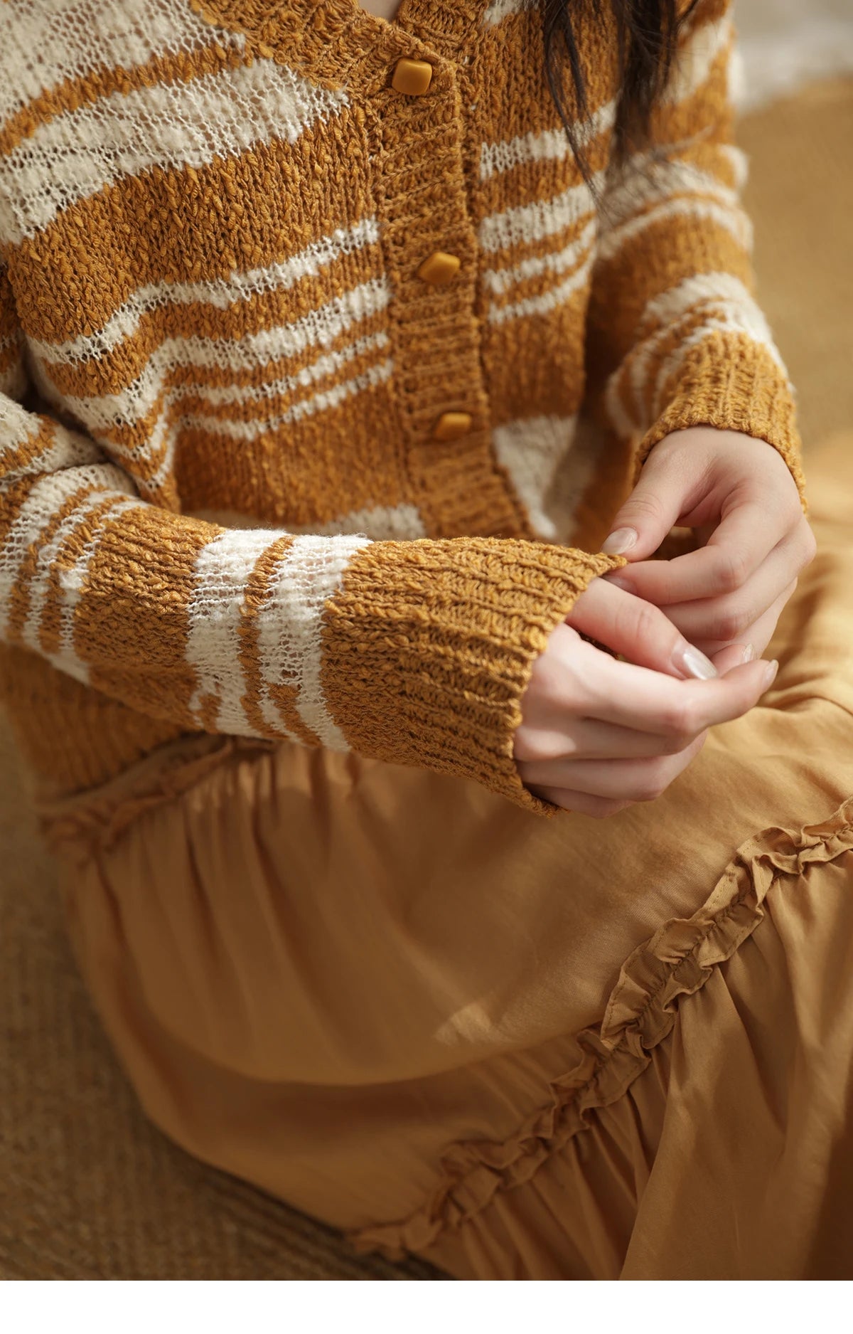 MISHOW Women's Striped Cardigan 2025 Autumn New Retro Yellow V-neck Long Sleeves Single-breasted Short Sweater Coats MXE44Z2516