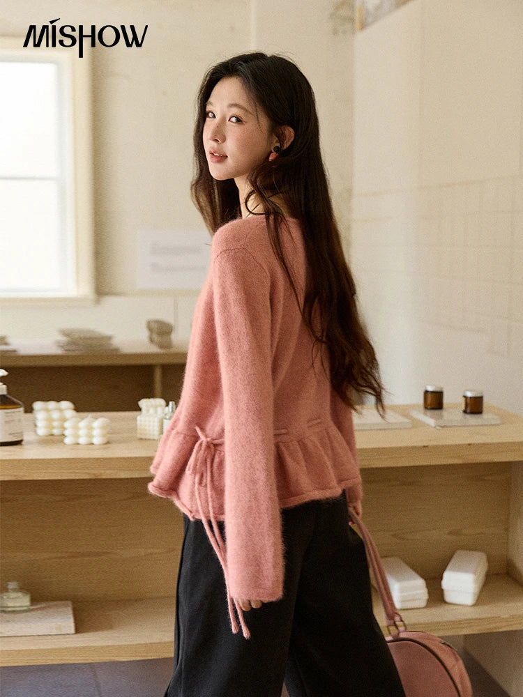 MISHOW Women's Pink Sweater 2025 Winter French Style Round Neck Knit Top Ruffled Hem with Drawstring Belt Pullover MXE90Z2824