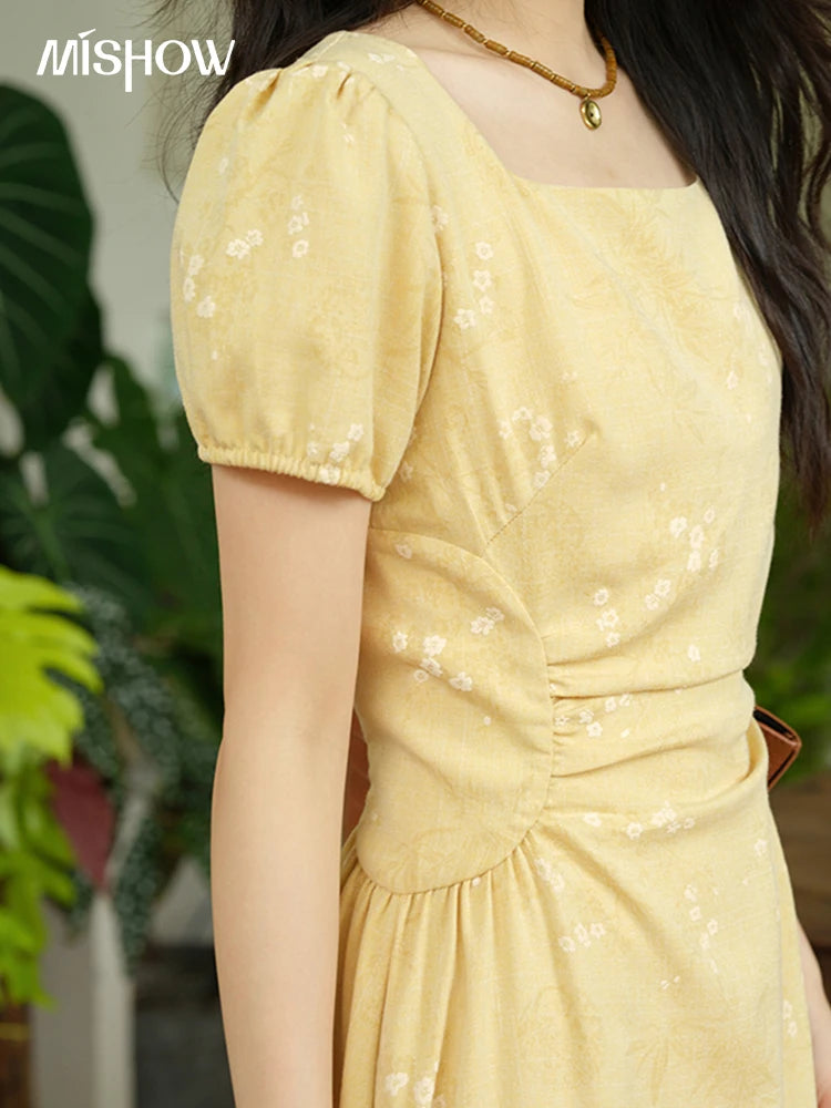 MISHOW Women's Clothing Fashion Square Neck Puff Sleeve Dress Summer 2025 New Bamboo Leaf Jacquard Pattern Dresses MXE39L2415