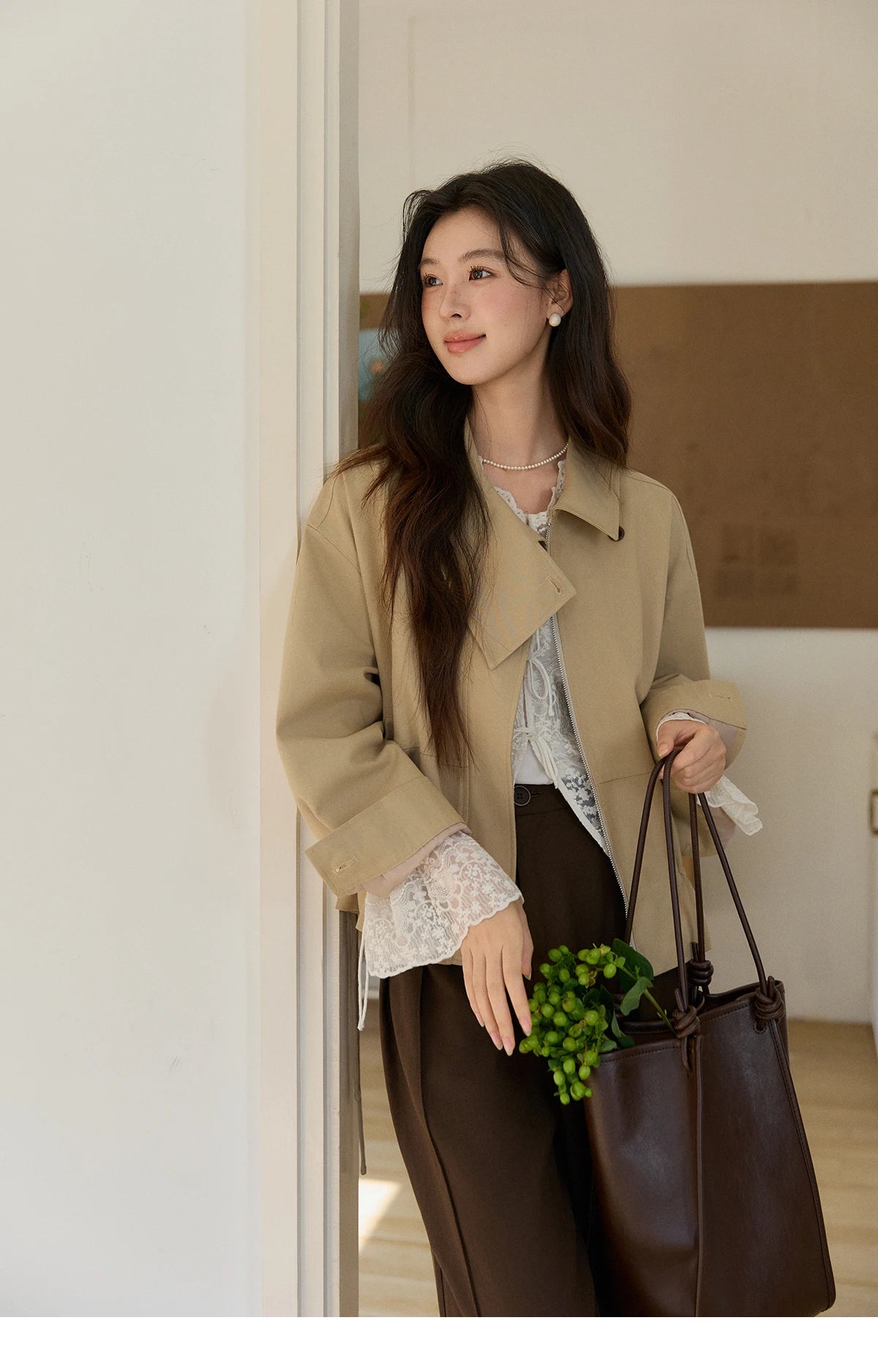 MISHOW Women's Khaki Cropped Jacket 2026 Spring Asymmetrical Collar Drawstring Waist Short Jackets Casual Loose Coat MXF11W1029