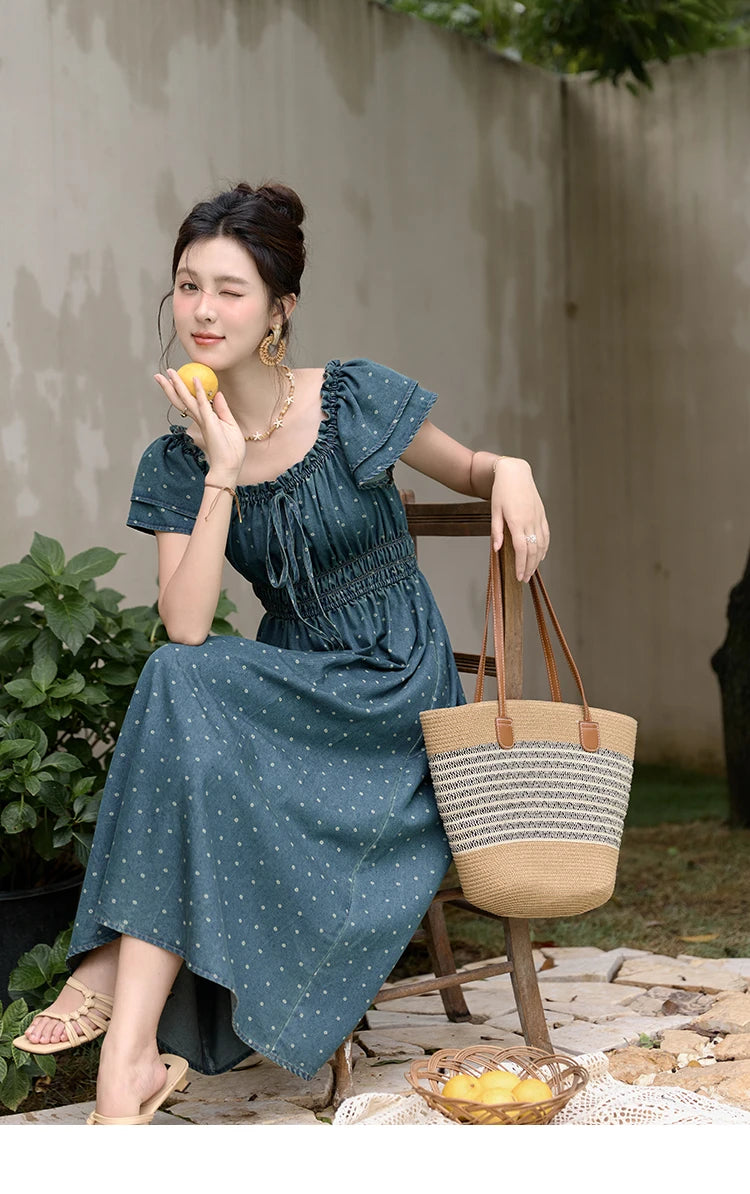 MISHOW Lace Up Flying Sleeve Polka Dot Dress Summer 2024 High Waist Pleated Long Dresses Square Neck Denim Dress MXD30L2022