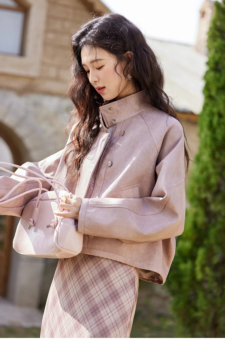 MISHOW Sweet Cool Blended Pink Purple Leather Coat Spring 2025 Stand Collar Motorcycle Style Jackets PU Leather Coats MXE13W0707