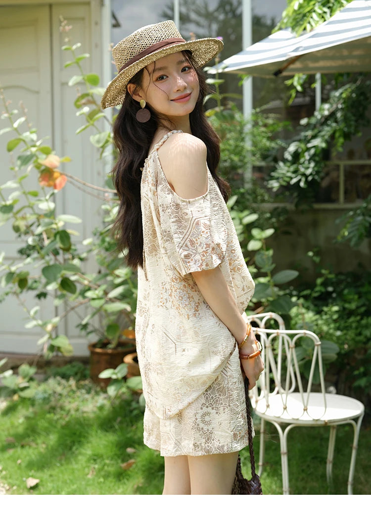 MISHOW Women's Two Piece Set 2025 Summer New Casual Bohemian Print Top Beaded Tassel Drawstring Pocket Shorts Set MXE39T0723