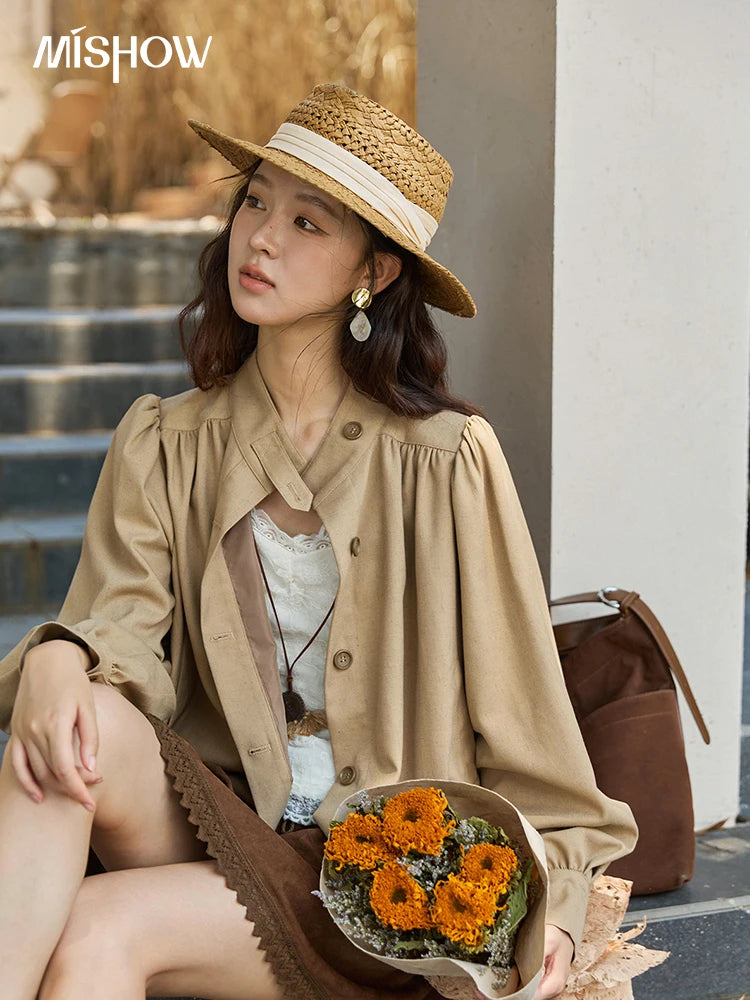 MISHOW British Trench Coat 2025 Autumn Women's Light Brown Stand Collar Coats Female Single Breasted Versatile Jacket MXE43W0802