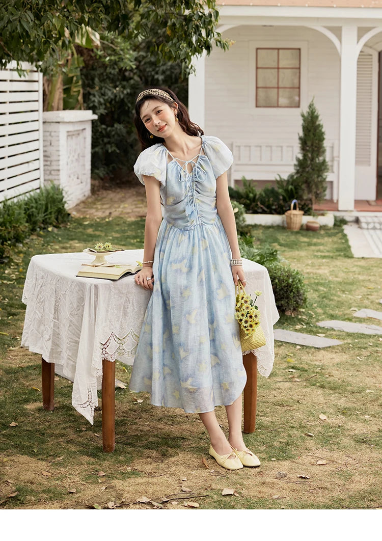 MISHOW V-Neck Lace-Up Puff Sleeve Midi Dress MXE34L2227