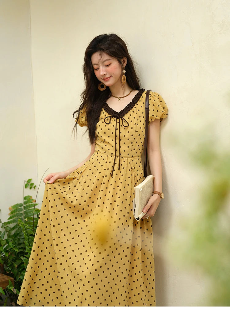 MISHOW Women's Casual Polka Dot Dress 2025 Summer New Ladies Puff Sleeve V-neck Lace Up Ruffle Edge Pocket Dresses MXE39L2326