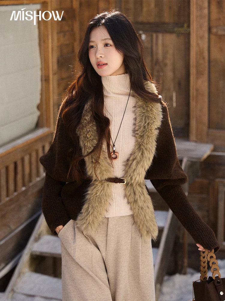 MISHOW Women's Brown Knitted Cardigan 2025 Winter Faux Fur Collar Batwing Sleeve Tops Warm Loose Outerwear Beltless MXE94Z2954