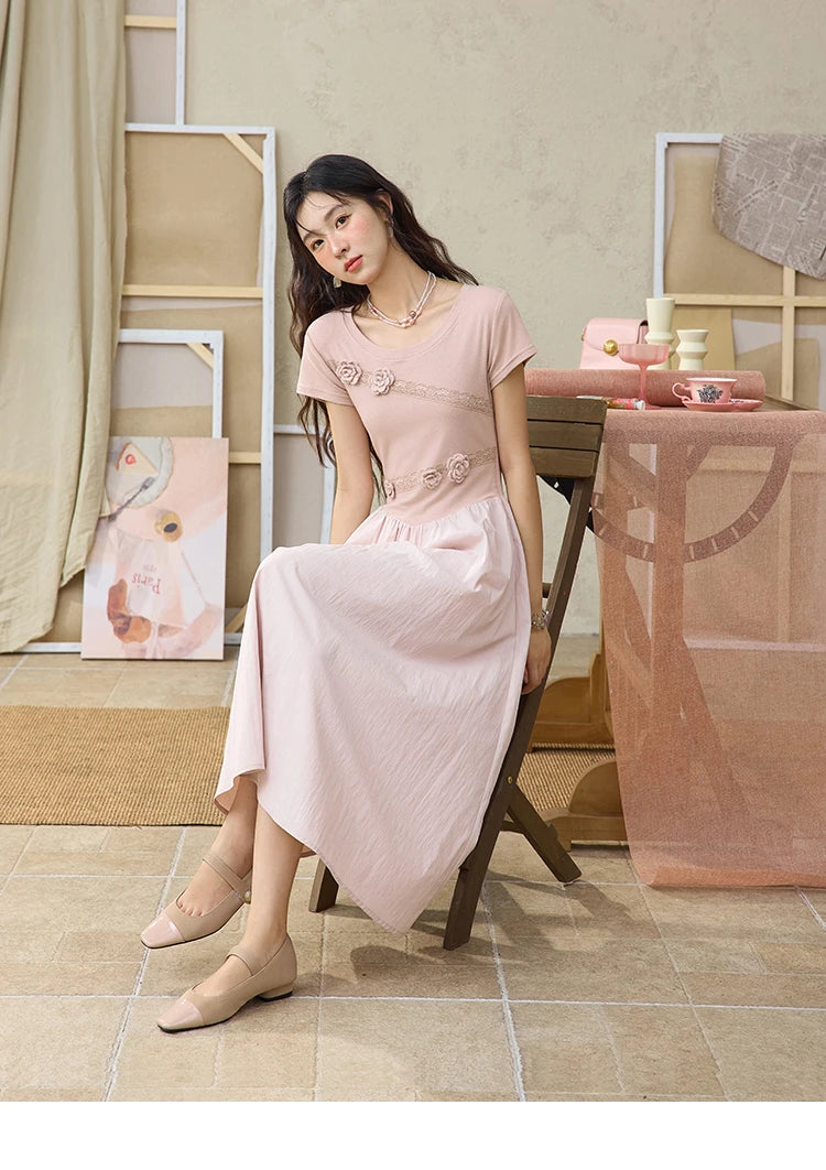 MISHOW Woven Patchwork Knitted Dress Female Summer 2025 French Waist Slim Long Dress Pink Round Neck Elegnat Dresses MXE36L2247